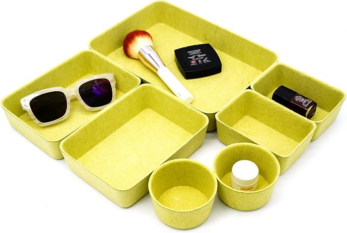 Welaxy Drawer organizers tray Felt storage bins office Desk dividers Morandi Colors Shallow Box 7-Piece round (Linden green)