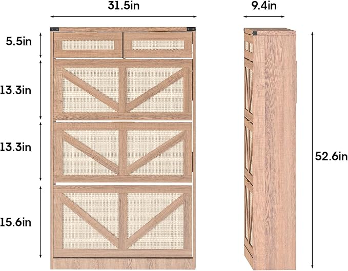 Halitaa Shoe Cabinet with 3 Flip Drawers & 2 Drawers,Freestanding Shoe Storage Cabinet for Entryway,Farmhouse Narrow Slim Organizer Rack for Foyer,Hallway,Rustic Oak Rattan