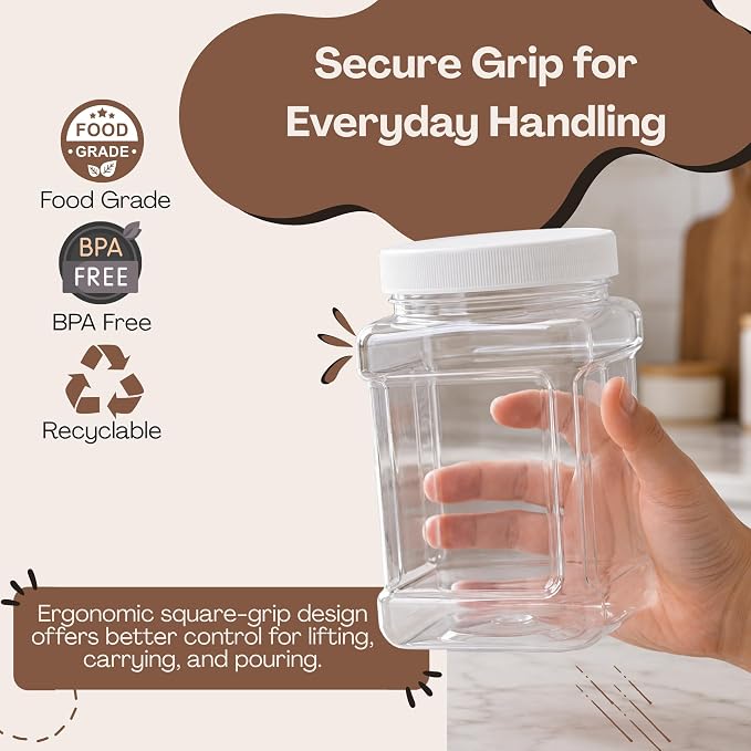Clear Food Grade PET Plastic Square Grip Storage Jar w/Cap | 64 Fluid Ounces 7-8 Cup Storage Capacity | BPA Free USA Made | by Pride Of India