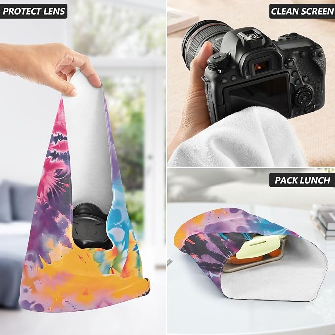 JIPONI Tye-dye Rainbow Makeup Bag, Self-Adhesive Magic Wrap Cloth, Portable Cosmetic Organizer, Camera Lens Protector, Travel Storage for Beauty Essentials, 13.8"x13.8"