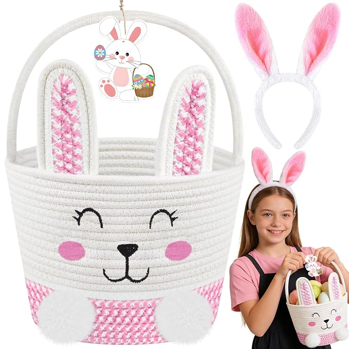 Easter Basket for Girls Kids - Pink Small Woven Bunny Egg Basket with Bunny Ears Headband Name Tag Empty Personalized Easter Gifts Baskets to Fill for Baby Toddler 8.7" x 7.1" x 7.1"