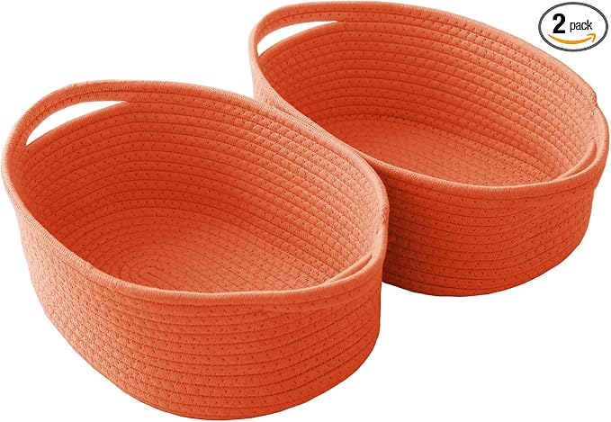 JMvicyroam Small Woven Basket, Empty Gift Basket, Orange/2 Pack | Small Gift Basket, Cotton Rope, 12 x 8 x 16 in, Handles, Includes Ribbon and Bag, Birthday Gift Basket
