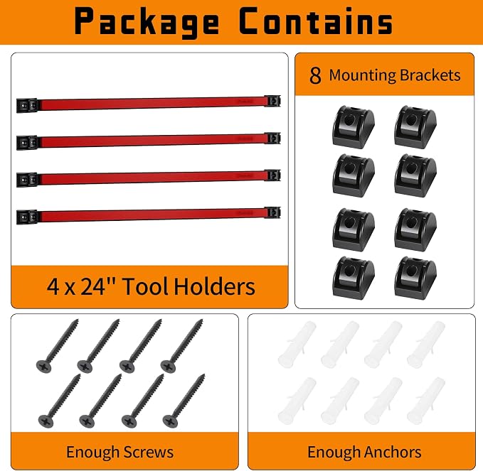 24" Magnetic Tool Holder Strip, 4 Pieces Red Metal Tool Organizer Rack with Stainless Steel Surface, Magnet Bar for Garage Workshop, Easy To Install with Mounting Screws