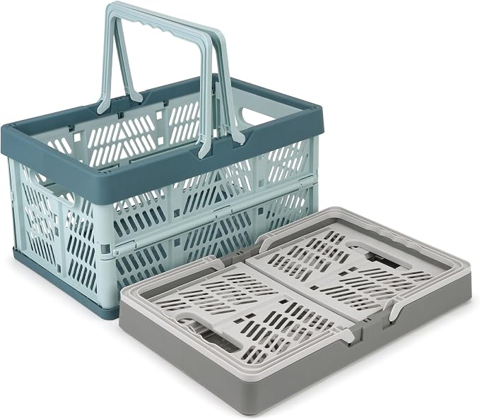 2-Pack Foldable Storage Baskets, 20L Collapsible Crates PP Grey+Blue | Comfortable carry handles, space-saving design, sturdy PP construction for home storage shopping camping and picnics