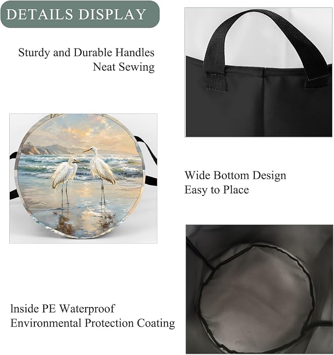 Elegant Great Egret Laundry Basket Hamper, Organizer Bins Gifts for Women Kids, Coastal Bird Foldable Waterproof Clothes Hamper Handles Storage Bucket for Bedroom Bathroom Room Decor 19.7"x15.7"
