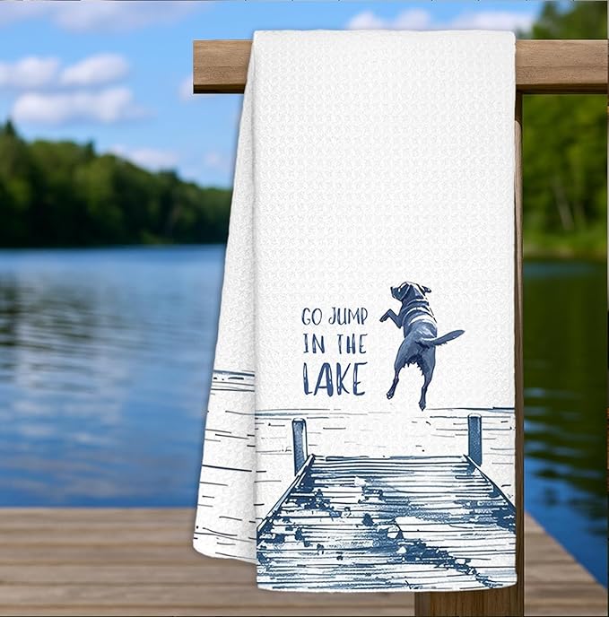 Lake House Decor Dish Towels,Lake House Gifts,Funny Lake Dog Kitchen Towels Decorative,Dog Lover Mom Gifts Hand Towels Drying Cloth for Kitchen Bathroom Decor,16x24 Inch