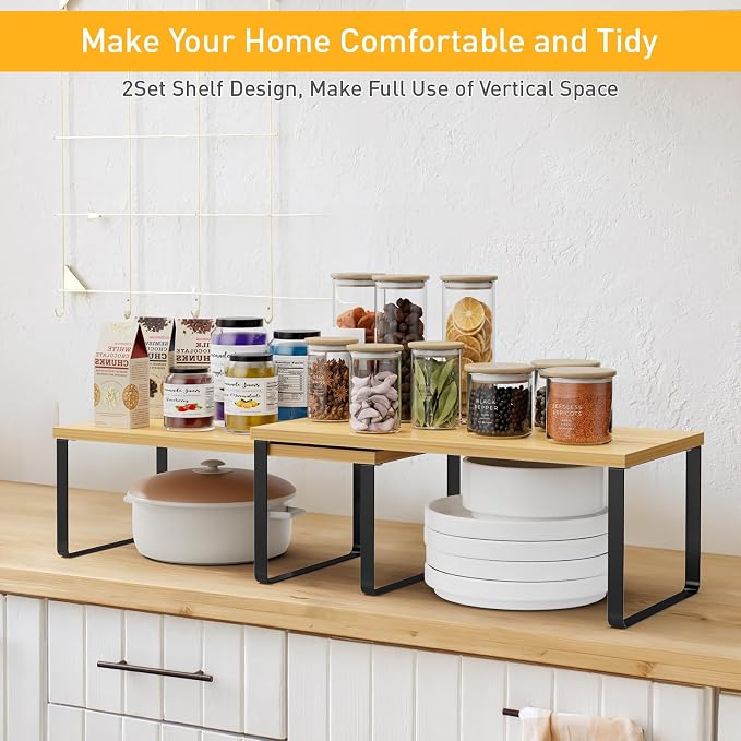 OGEMXU Cabinet Shelf Organizers, 15.7 inches Large Kitchen Counter Shelf, Set of 2 Wood Kitchen Pantry Organizer, Storage Shelves for Countertop, Spice Rack, Stackable, Expandable, Metal Black, Nature