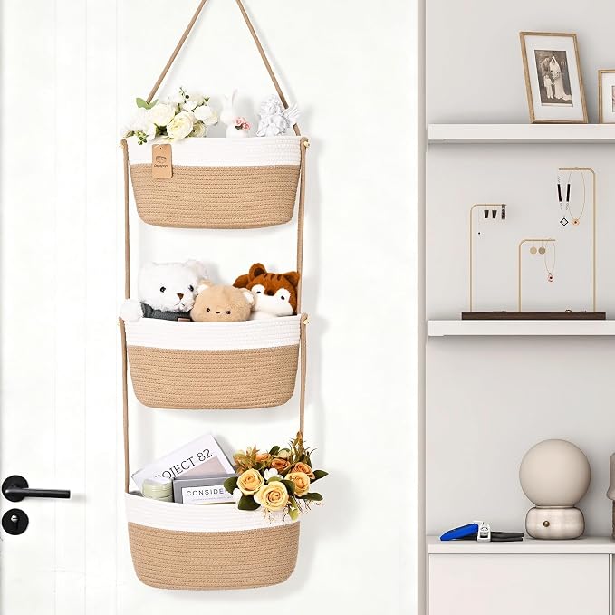 Hanging Basket, 3-Tier Woven Wall Basket with 4 Hooks, Cotton Rope Storage Baskets, Over the Door Organizer for Nursery, Bedroom, Cottage and Boho Wall Decor