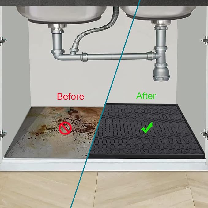 Under Sink Mat 22 x 22, Silicone Under Sink Liner for Kitchen Waterproof Bathroom Cabinet Mat, Black