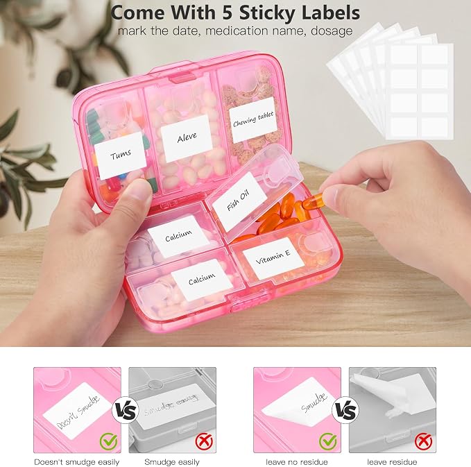 FYY Travel Pill Organizer, Large Weekly Medicine Pill Organizer-Hot Pink | Airtight Moistureproof Medicine Case, Easy to Use, 8 Compartment Pill Box for Vitamins, Fish Oil, Supplements, Mini First Aid