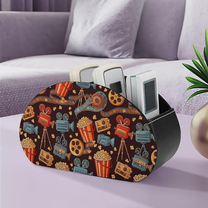 Leather Remote Control Holder Movie Theater Popcorn Office Desk Organizer | with 5 Compartments, Movie Theater Cinema Popcorn Caddy Storage Box for TV Remotes, Media Controllers, Makeup Brush