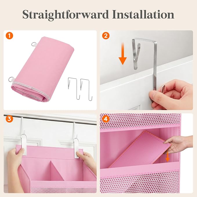 Lifewit 4 Tier Over the Door Organizer, Diaper Hanging Storage, Pink | Nursery Sturdy Large Heavy Duty Back of Door Shelf with 4 Mesh Side Pockets, for Baby Stuff Toy in Pantry, Laundry, Bathroom