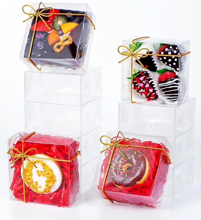 RomanticBaking 50PCS 5x5x2 Inches Full Clear Bakery Boxes Party Favors | Transparent Gift Box for Chocolate Covered Strawberries,Mini Cake,Cookies,Macaron,Pie,Cakesickle &More