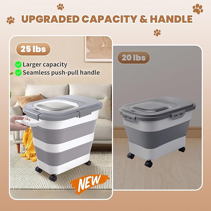 23-25Lbs Airtight Dog Food Storage Container,Collapsible Dog Food Container | Large Pet Food Storage Container with Lid,Wheels,Handle,Scoop,Small Cat Food Container for Dog Cat