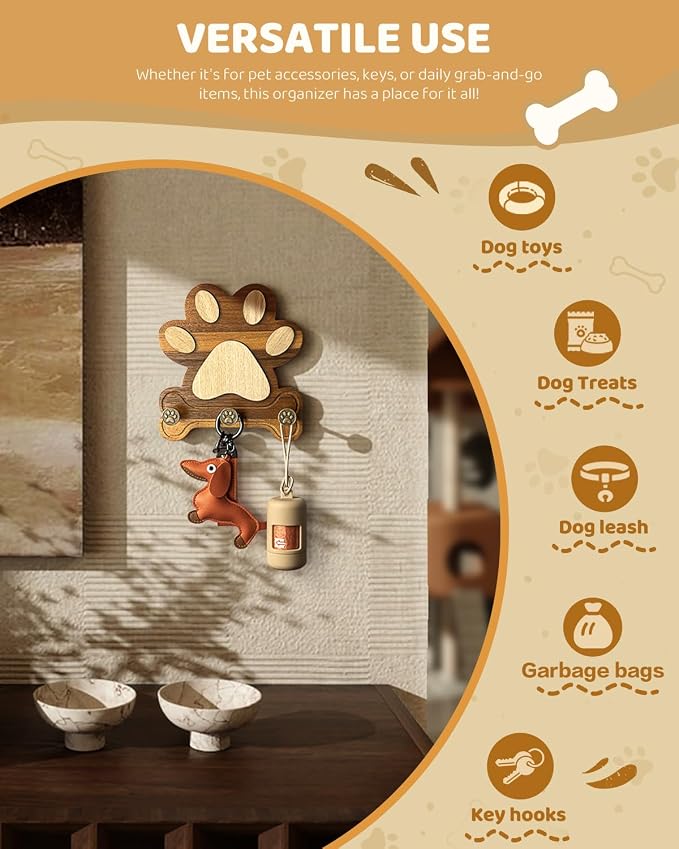 MTERSN Dog Leash Holder for Wall for Dog Walking Essentials Organizer,Brown