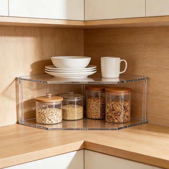 2 Pcs Black Acrylic 2-Tier Stackable Corner Organizer Shelf | Space Saving Clear Acrylic Corner Rack to Organize Spices, Tableware and Household Supplies