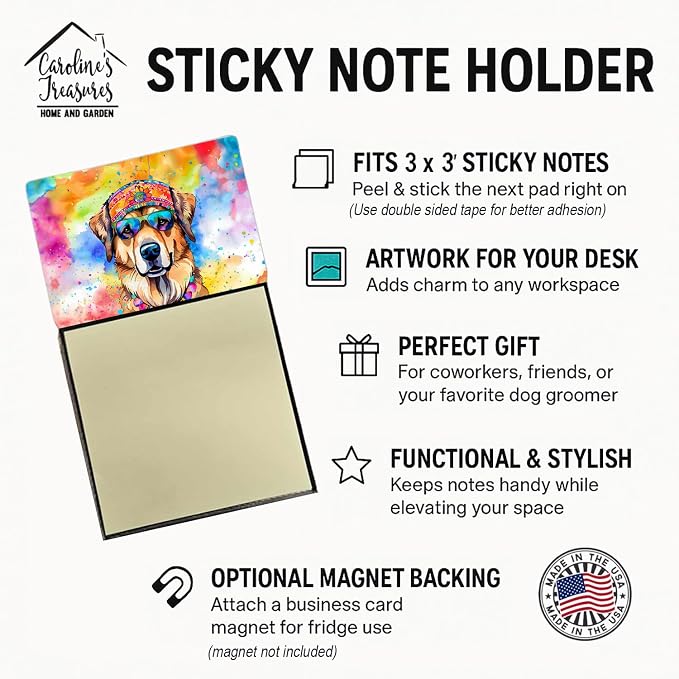 Caroline's Treasures Hippie Dawg Sticky Note Holder Refillable Dispenser Self-Sticky Note Pads, Memo Pads Blank Desk Accessories