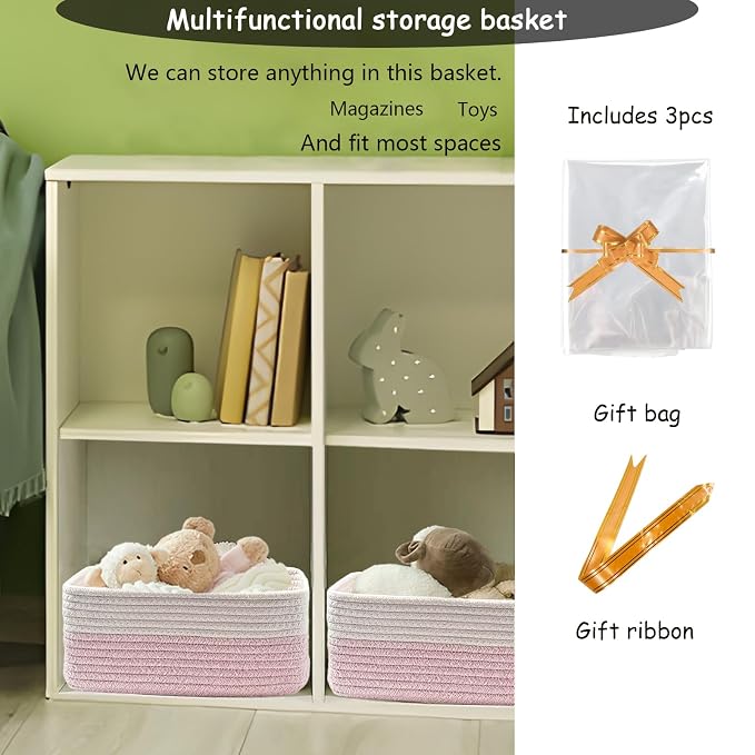 COMFY HOMI 11.5"x7.5"x4.7" Storage Baskets for Organizing | Cotton Rope Woven Basket | Toy Storage Bin Box | Basket for Shelves, Closet Organizer Bin, Decorative Closet Shelf, 3 Pack,