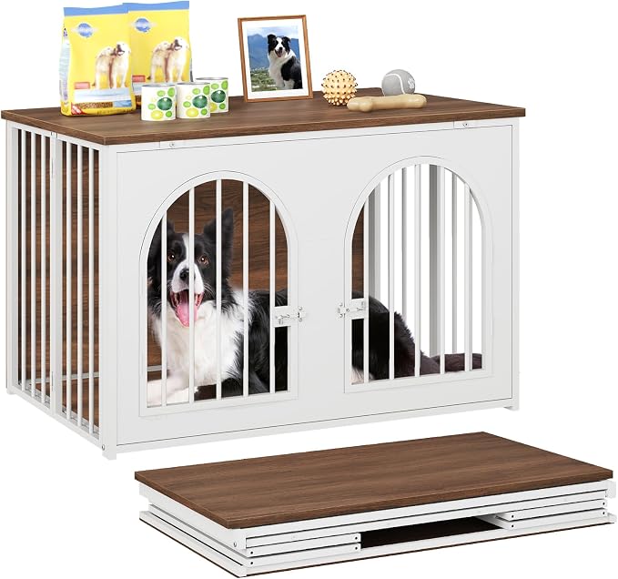 YATINEY 37.4" Dog Crate Furniture Foldable, Assembly-Free Dog Kennel | Arched Design, Collapsible Dog Crate, Dog Cage End Table, with Secure Door Lock, for Living Room, Hallway, Bedroom