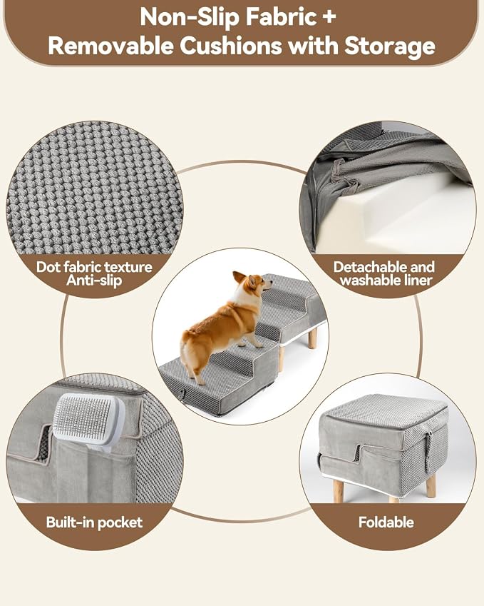 Dog Ramp Ottoman, 2-in-1 Dog Stairs for Couch and Low Bed, Foldable Solid Wood Pet Steps for Small, Medium, Senior Dogs & Old Cats - Couch Height, Washable Cover, Storage Pocket, 135lb Capacity