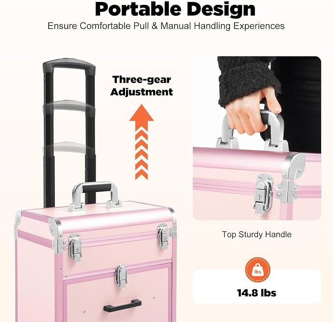 Professional Rolling Makeup Train Case, Large Cosmetic Trolley with Three-Gear Telescopic Pull Rod for Hairdressers, Pet Beauticians Bearing Capacity 110.23 Lbs 22.4 x 14.2 x 9.1 Inch Pink