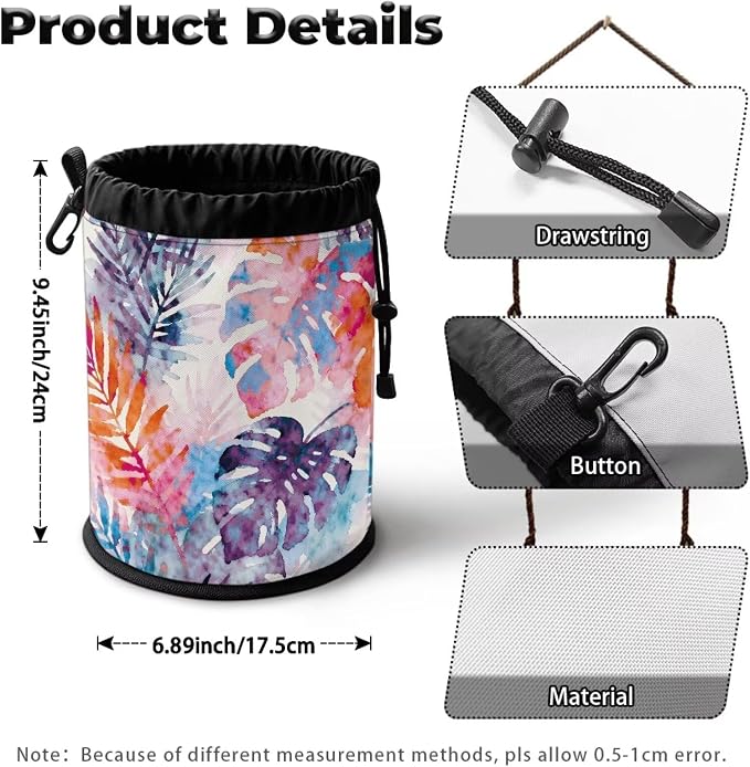 Tropical Leaf Clothespin Bag Holder Outside, Hanging Clothes Pin Bag with Drawstring Closure, Large-Capacity Clothespin Storage Organizer with Hooks