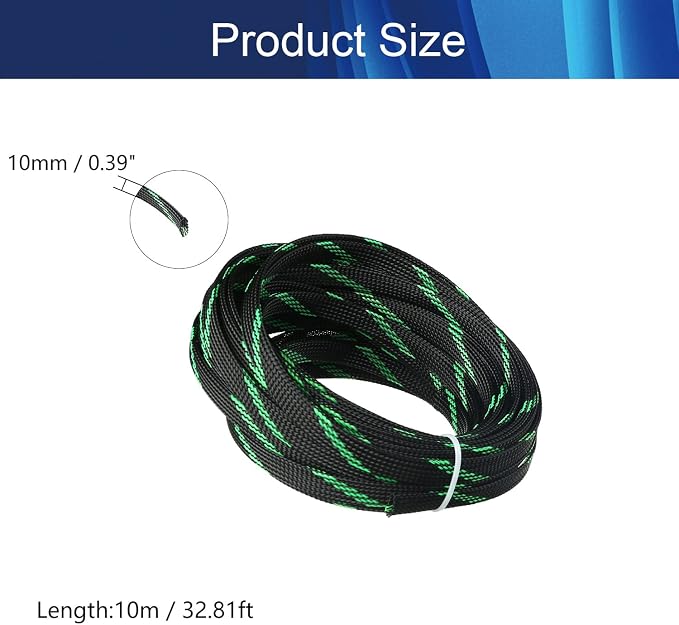 Jutagoss PET Expandable Braided Cable Sleeve, 32.8ft - 3/8 inch Black Fluorescent Green Cable Management Sleeve, Wire Loom Tube Cord Protector for USB Cable, Power Cord, Audio Video and More, 1Pc