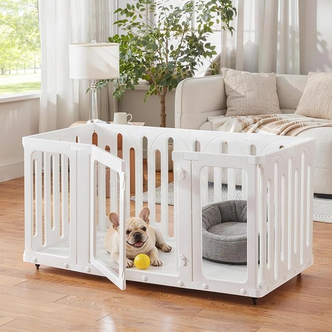 Mobile Acrylic Dog Playpen Indoor with Bottom Panels for Puppies, 8 Panels | Puppy Play Pen with DIY Easy Assemble, Moveable Pet Fence for Small Dogs (24''Tall, 4 Bottom Panels + 8 Wheels)