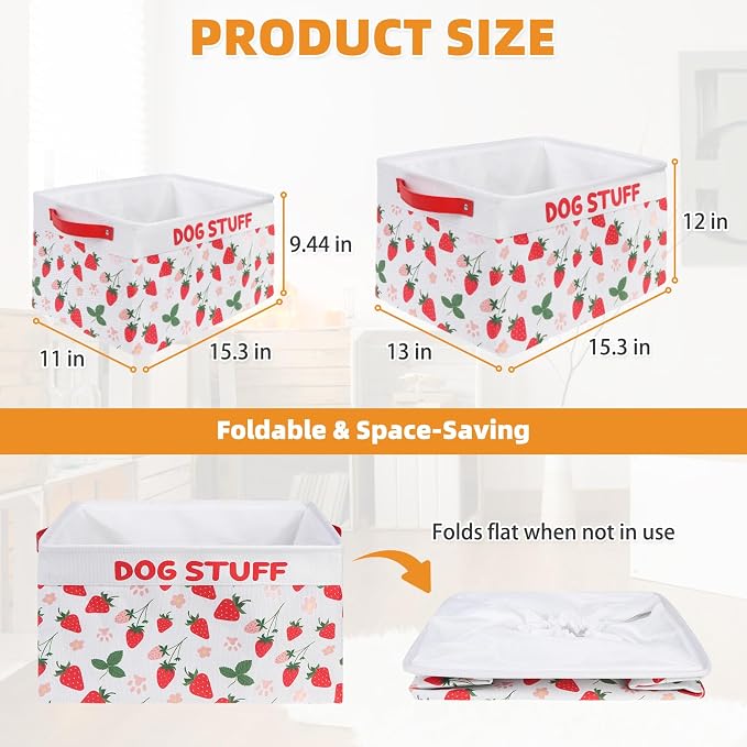 Dog Toy Basket, Collapsible Dog Toy Bin Box with Drawstring Cinch Top &Handles, Pet Food Storage Organizer for Dog Toys, Apparel, Blankets and Leashes, Pink Strawberry, L, 15.3"x13"x12"