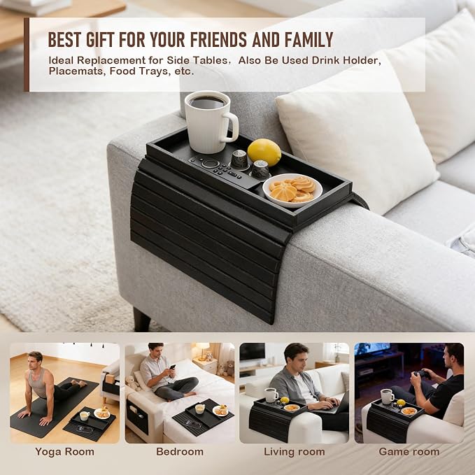 Bamboo Sofa Arm Tray Table, Foldable Couch Arm Tray Side Table, Anti-Falling Armrest Tables Cup Holder for Snacks, Couch Armrest Organizer, Serving Tray for Snacks and Drinks (Black)