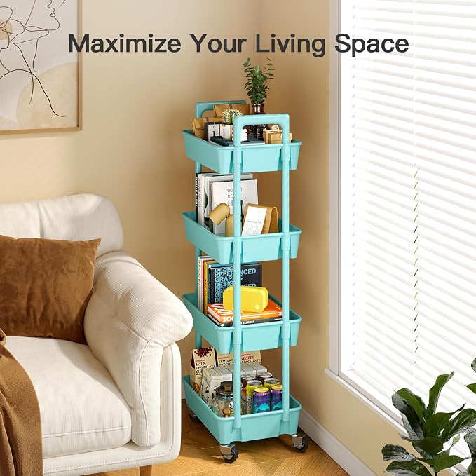 Pipishell 4 Tier Rolling Cart Organizer, Plastic Rolling Cart with Lockable Wheels & Reinforced Handle, Lightweight Utility Storage Cart for Nursery, Kitchen, Craft Room, Turquoise