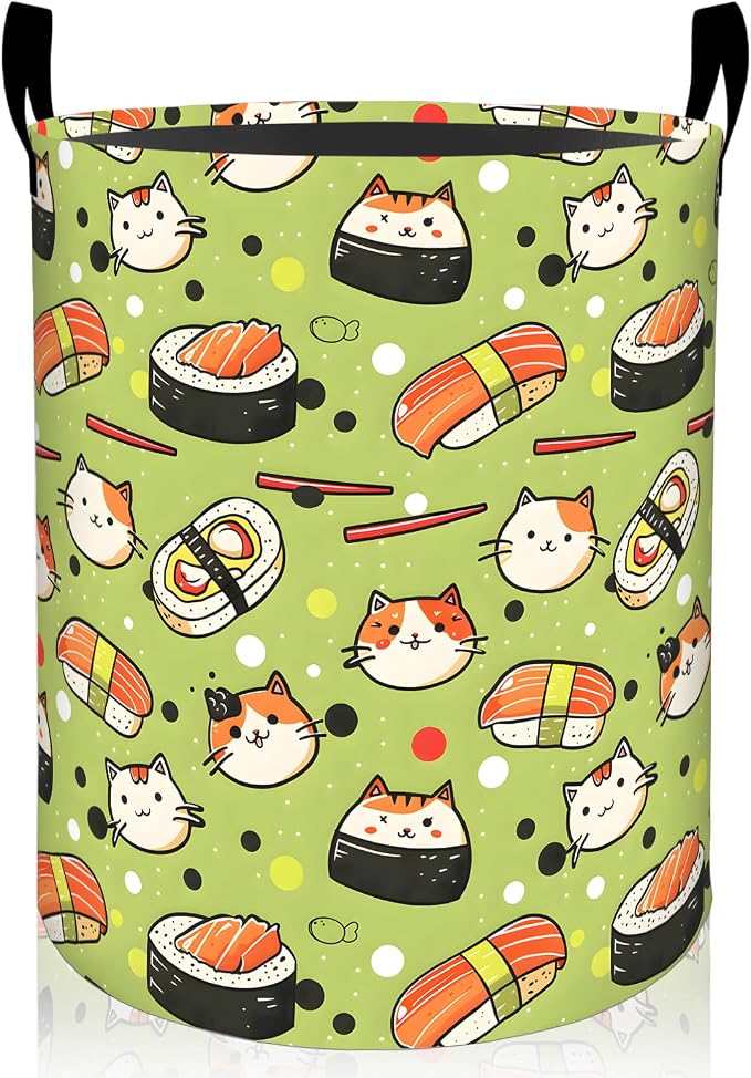 Cute Sushi and Cat Laundry Basket, Kawaii Food Foldable Oxford Cloth, Waterproof Dirty Clothes Hamper with Handles, Clothing Storage Bin Toy Organizer for Bedroom Dorm Bathroom, 19.7"x15.7"