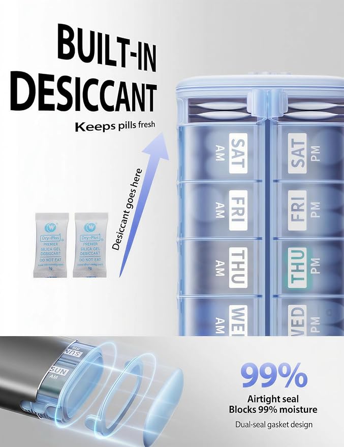 Vaydeer Metal 7 Day Travel Pill Organizer 2 Times a Day, Built-in Desiccant | AM PM weekly Travel Pill Case, Twice-Daily，Airtight Large Capacity Pill Box for Vitamins, Medication, Supplements & Fish Oil