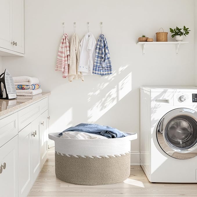 OIAHOMY 90L Extra Large Blanket Basket - Decorative Cotton Rope Storage Basket for Bedroom, Living Room & Nursery - Woven Laundry Hamper for Organizing Blankets, Clothes & Toys - Light Brown & White