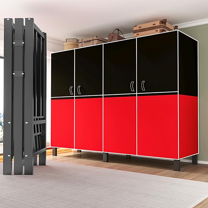 Heavy Duty Clothes Rack with Cover, Portable Wardrobe Closet with Magnetic Door & Black Steel Frame, Foldable Freestanding Garment Storage (Red-Magnetic Door, 70.8''L x 20.5''W x 67''H)