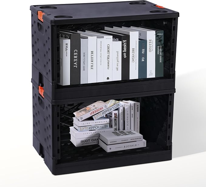 Collapsible Storage Bin with Lid Heavy Duty 16 Gallon Stackable Milk Crate | Durable PP Stackable Design Folds Flat with Secure Lid for Books Clothes Shoes Groceries Trunk and Travel Storage