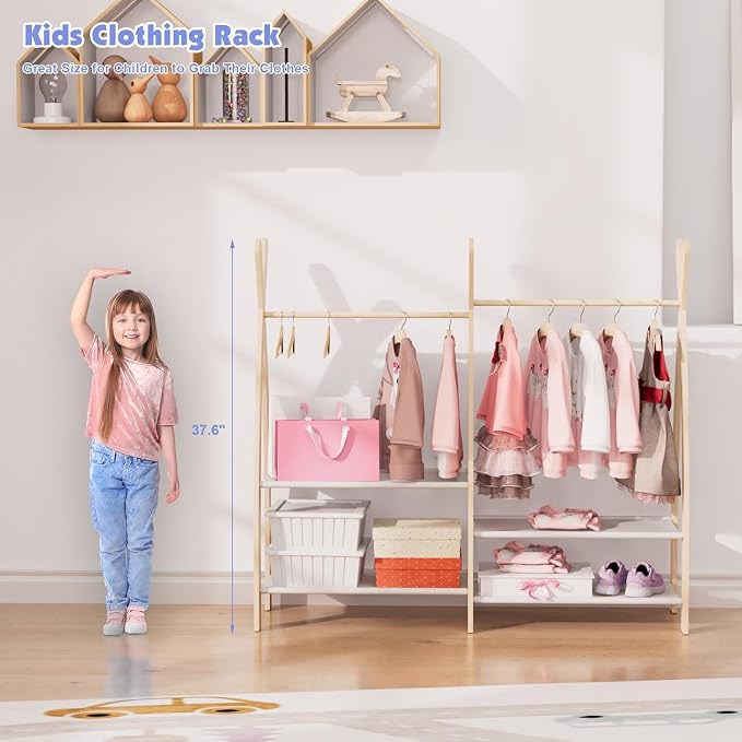 HedoAjim Kids Clothing Rack Dress Up Storage Closet for Girls Baby Garment Wardrobe Toddler Costume Closet with Double Hanging Rod Wood 2 Tier Bottom Storage Shelves (Double Tires)