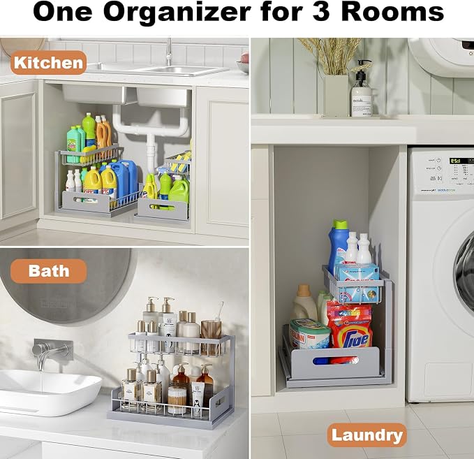 Under Sink Organizer, L-Shaped 2 Tier Pull Out Cabinet Organizer | For Kitchen and Bathroom, Slide Out Under Cabinet Storage, Metal Under Sink Storage with Sliding Drawer, 50 lbs, Grey 2 Pack