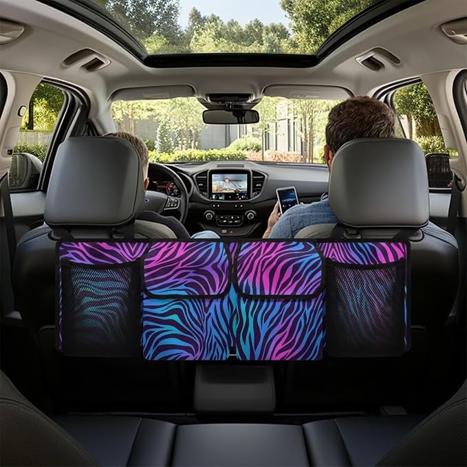 Dreaweet Purple and Blue Zebra Print Car Trunk Organizer for Sedan Collapsible Backseat Trunk Organizer Large Capacity Storage Bag with 4 Pocket,Car Organizers and Storage Trunk for SUV Truck Van