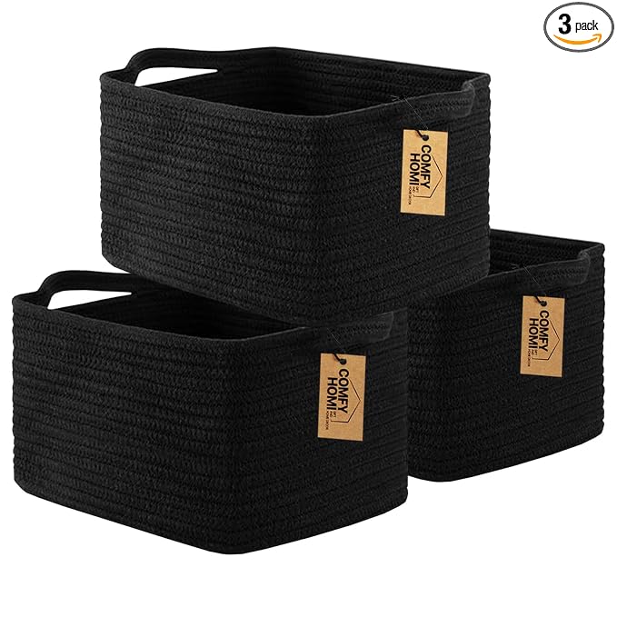 COMFY-HOMI 3PACK Cotton Rope Square Basket with Handles for Shelves| Storage|Baby Basket for GIF|Shoe Basket for Organizing|New13.5" x 11" x 9.5" for Living Room