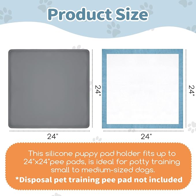 Pee Pad Holder for Dogs 24" x 24", Silicone Potty Tray with 4 Holder Clamps, High Edge No-Spill Dog Training Mat, Non-Slip Puppy Pad Tray Floor Protection for Indoor Use - Gray