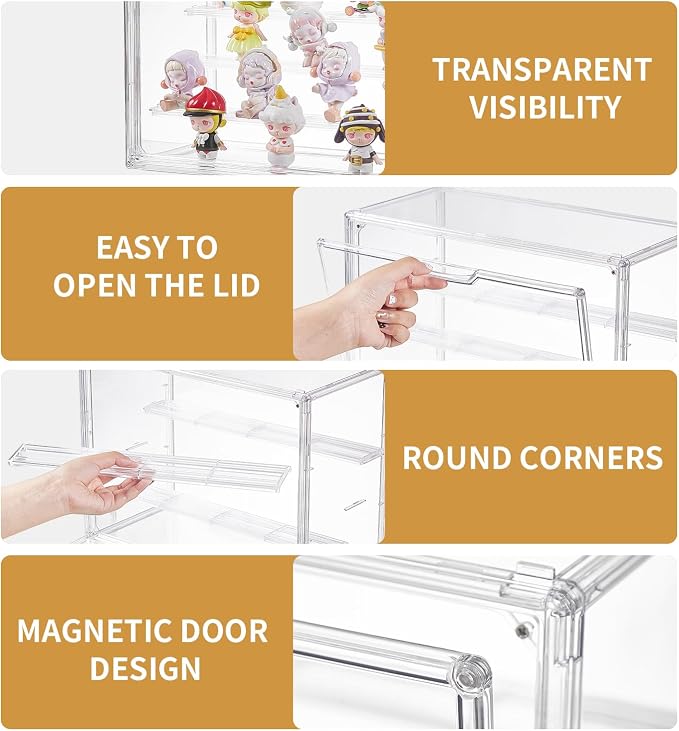3 Tiers Clear Acrylic Display Case, Plastic Storage Bins with 2 Adjustable Divider and Magnetic Door,Stackable Display Box for Figures Showcase (XLarge -with 3 partition plate-1pack)