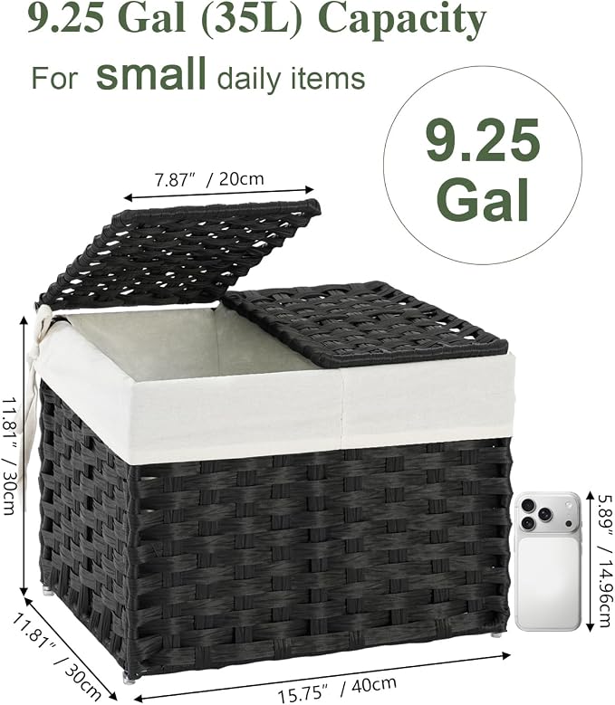 SETVSON Storage Basket with Lid, 2-Lid PE Rattan Storage Bin, Black | 9.2 Gal Decorative PE Rattan Furniture Look for Bedroom, 2 Separate Lids, 2 Liners with Divider for Apparel & Essentials