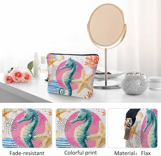 Makeup Bag Seahorse Makeup Bags For Purse Pouch, Sea Animal Coral Reef Seashell Seahorses Travel Toiletry Bag Cosmetic Bag Makeup Bags Flax Makeup Organizer Bag Pencil Pouch For Man Woman