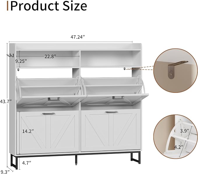 Xixini Shoe Storage Cabinet with 4 Flip Drawers, Entryway Shoe Rack, White | Freestanding Narrow Shoe Storage, Hidden Slim Wood Shoe Organizer, Modern Farmhouse, Open Storage & Hooks for Closet, Hallway