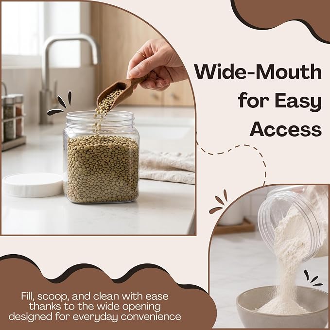 Pride Of India | Clear Food Grade PET Plastic Square Grip Storage Jar w/Cap 16 Fluid Ounces | 2-3 Cup Storage Capacity | Airtight Seal & Easy Handling | Store Sugar, Spices, Nuts, Seeds & Pet Treats