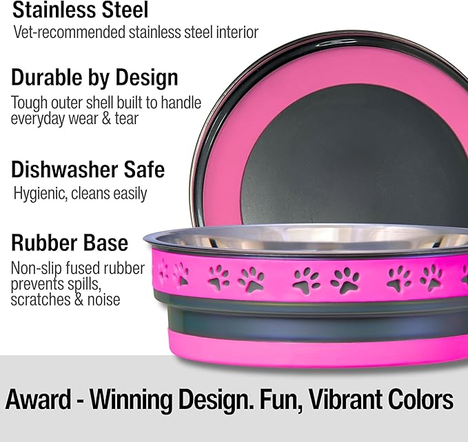 Loving Pets Corsa Dog Bowls- Stainless Steel Dog & Cat Bowls - Spill Proof Dog Food Bowl, Cat Bowl, Puppy Essentials & Pet Supplies Great for Home & Travel (Large 35-65 lbs, Fiery Pink)