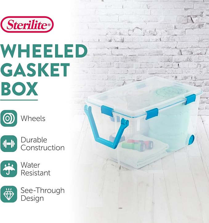 Sterilite Gasket Storage Box with Lids for Home & Office, 120 Quart, 6-Pack | Heavy-Duty, Stackable, and Organizing Containers for Bathroom, Cabinet, Closet, and Garage, Clear and Blue Aquarium Latches