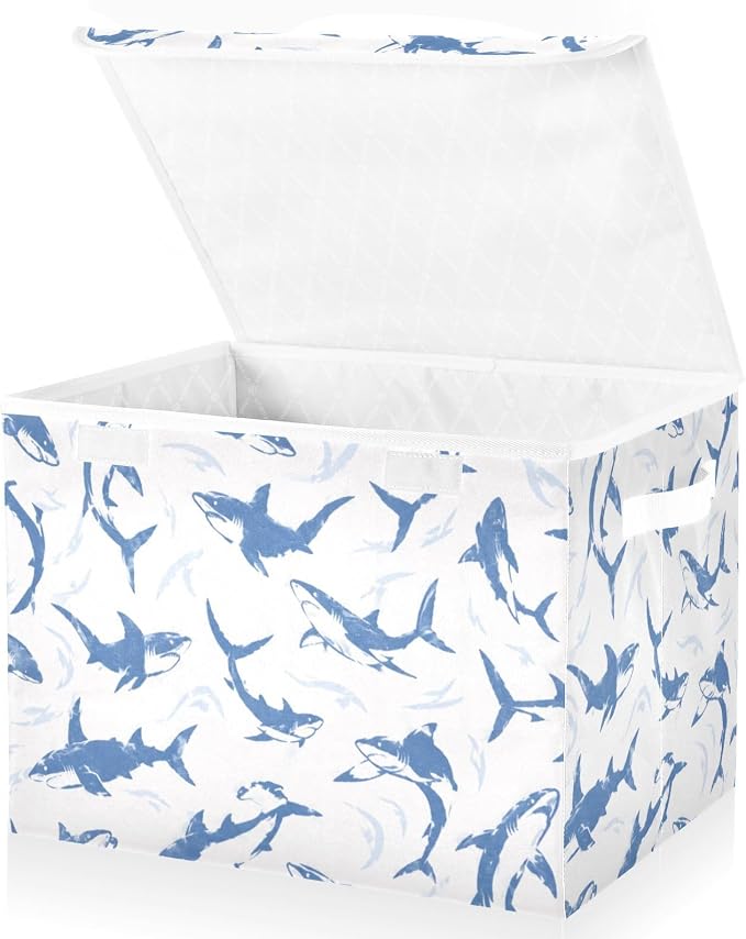 Fish Ocean Fabric Storage Bins with Lid Foldable Storage Boxes 40L Baskets | Decorative Storage Boxes, 300D Oxford Cloth, Hollow Board Frame, Flip Top Velcro Lid, 16.5x12.6x11.8 inch, Collapsible Design
