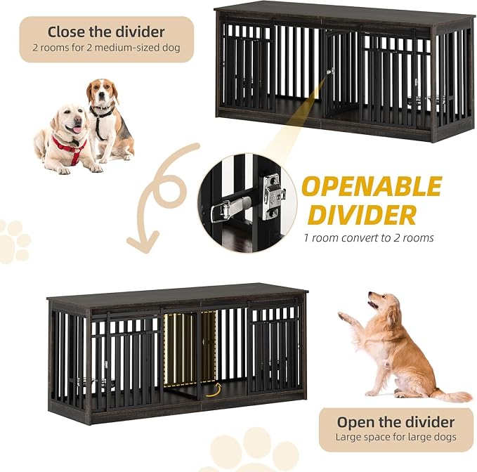 DWVO 71" Double Dog Crate Furniture for 2 Medium Dogs with Dog Bowls | Heavy Duty Wood Dual Dog Kennel TV Stand with Sliding Doors, Decorative 2 Dog Cage Table for Extra Large Dogs Black Oak